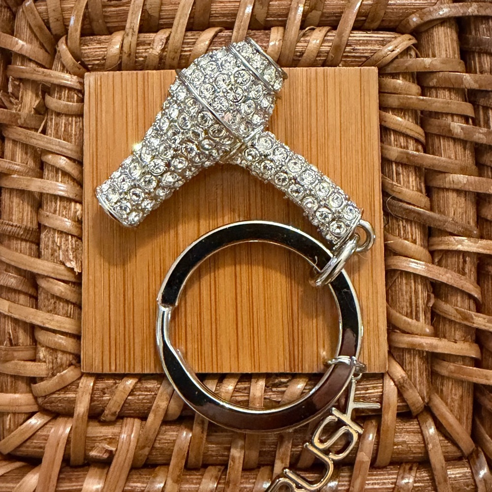 Swarovski Crystal Rusk Mini Hair Dryer Keychain Silvertone Paved